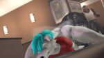  3d_(artwork) air_(disambiguation) anthro blue_hair bottomwear canid canine canis cloth clothed clothing digital_media_(artwork) door duo fan_(disambiguation) female fur hair hi_res humanoid invalid_tag irondragon5150 lizard lying male mammal on_front on_ground pants red_clothing red_shirt red_topwear reptile scalie shirt shocked source_filmmaker surprise topwear white_body white_fur wolf 