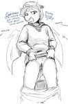 anthro backwards_baseball_cap baseball_cap bat_pony clothed clothing clothing_lift dialogue equid equine fan_character female genitals hair hasbro hat headgear headwear hi_res hoodie horse ipomoea_(oc) jewelry looking_down mammal membrane_(anatomy) membranous_wings my_little_pony necklace pants_down partially_clothed pony pussy shirt shirt_lift simple_background sketch solo the-minuscule-task topwear wings 