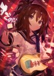  1girl absurdres black_sailor_collar black_skirt brown_eyes brown_hair closed_mouth electric_guitar eyebrows_visible_through_hair folded_ponytail guitar hair_between_eyes highres inazuma_(kancolle) instrument kaamin_(mariarose753) kantai_collection long_hair long_sleeves nanodesu_(phrase) neckerchief pleated_skirt red_neckwear sailor_collar school_uniform serafuku skirt solo upper_body 