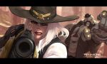  1boy 1girl aiming arm_cannon ashe_(overwatch) black_eyeshadow black_headwear black_vest bob_(overwatch) clenched_hand collared_shirt cowboy_hat dishwasher1910 eyeshadow green_eyes gun hat holding holding_gun holding_weapon makeup mole mole_above_mouth one_eye_closed overwatch red_eyes reward_available robot science_fiction shirt vest weapon western white_hair white_shirt 