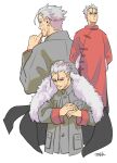  1boy antenna_hair cape facing_viewer fate/grand_order fate_(series) fur_trim grey_hair hand_up hands_in_pockets hands_together li_shuwen_(fate/grand_order) long_sleeves male_focus multiple_views old old_man pocket simple_background takku_(takk25) white_background 