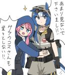  2girls alternate_costume alternate_hairstyle arknights blue_eyes blue_hair blue_poison_(arknights) check_translation covering covering_navel glaucus_(arknights) glaucus_(exterminator_in_the_square)_(arknights) gloves hood hooded_jacket hoodie jacket kumamoto_aichi long_sleeves medium_hair multicolored_hair multiple_girls pink_hair ponytail sweatdrop tail translation_request twintails two-tone_hair 
