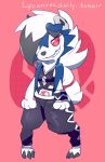  2017 3_claws 3_fingers 3_toes accessory anthro black_claws black_clothing black_nose blue_body blue_fur canid canine claws clothed clothing digitigrade ears_down feet female fiddleafox fingers fluffy fur logo looking_back lycanroc mammal midnight_lycanroc moro_(fiddleafox) nintendo paws pink_background pivoted_ears pok&eacute;mon pok&eacute;mon_(species) red_eyes sharp_teeth shiny_pok&eacute;mon simple_background small_tail smile solo team_skull teeth text toes tuft url video_games white_body white_fur 