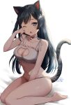  1girl ;o animal_ears bangs bare_arms bare_shoulders barefoot bell between_legs black_hair bra breasts cat_cutout cat_ears cat_girl cat_lingerie cat_tail choker cleavage clothing_cutout collarbone fang frilled_bra frills grey_eyes highres jingle_bell kemonomimi_mode long_hair looking_at_viewer love_live! love_live!_nijigasaki_high_school_idol_club medium_breasts meme_attire mia_(fai1510) navel neck_bell one_eye_closed one_side_up open_mouth panties rubbing_eyes sitting sleepy solo stomach string_bra tail tail_raised thighs underwear underwear_only waking_up wariza white_bra white_choker white_panties yuuki_setsuna_(love_live!) 