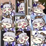  1girl :3 =_= animal_ears bangs biting blunt_bangs blush_stickers bow chart chibi closed_eyes ear_ribbon expressions gold_ship_(umamusume) grin hat highres horse_ears horse_girl hose jazz_jack lightning_bolt no_nose open_mouth peeking_out petting photo-referenced purple_eyes rope school_uniform silver_hair smile straw_(stalk) tongue tongue_out umamusume water 