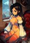 1girl bare_shoulders breasts brown_eyes brown_hair closed_mouth commentary english_commentary final_fantasy final_fantasy_ix garnet_til_alexandros_xvii gloves hand_on_own_thigh long_hair looking_at_viewer medium_breasts navel no_panties optionaltypo orange_legwear red_gloves smile solo squatting thighhighs thighs window 