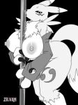  anthro big_breasts breasts chest_tuft digimon digimon_(species) female hi_res huge_breasts kissing looking_at_viewer monochrome nipples pole renamon solo tuft zilvanv 