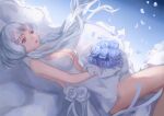  1girl azur_lane bare_shoulders bouquet breasts center_opening cleavage dress flower hair_flower hair_ornament halter_dress halterneck holding holding_bouquet illustrious_(azur_lane) illustrious_(morning_star_of_love_and_hope)_(azur_lane) lace-trimmed_dress lace_trim large_breasts long_hair mllay official_alternate_costume rose solo tri_tails veil wedding_dress white_dress white_flower white_hair white_rose 