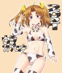  1girl 2021 alternate_costume animal_print bikini breasts brown_hair chinese_zodiac cow_print detached_sleeves hair_ribbon highres kagerou_(kancolle) kantai_collection long_hair monsuu_(hoffman) navel print_bikini print_legwear print_sleeves purple_eyes ribbon small_breasts solo swimsuit thighhighs twintails white_bikini white_legwear white_sleeves year_of_the_ox yellow_ribbon 