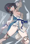  1girl bangs bare_shoulders black_hair blue_eyes blue_ribbon blush breasts detached_leggings dress fate/grand_order fate/requiem fate_(series) fundoshi japanese_clothes jewelry kopaka_(karda_nui) large_breasts long_sleeves looking_at_viewer magatama magatama_hair_ornament magatama_necklace medium_hair multicolored_hair necklace pelvic_curtain pink_hair polearm puffy_long_sleeves puffy_sleeves ribbon short_dress sideboob sideless_outfit spear streaked_hair thighs utsumi_erise water weapon white_dress white_legwear 