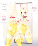 2020 anthro blush butt dialogue english_text female hi_res lagomorph leporid looking_at_reflection machine mammal mirror open_mouth petroid rabbit red_eyes reflection robot solo standing tetetor-oort text unseen_character vanilla_(tetetor-oort) 
