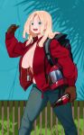  1girl :d backpack bag blonde_hair blue_eyes blush bottle breasts brown_flower cleavage denim dog_tags highres holding holding_bottle jacket jeans long_hair looking_at_viewer miami-chan_(ryusei_hashida) open_mouth original pants ryusei_hashida smile solo tears 