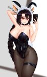  1girl 82jhin absurdres animal_ears arm_behind_head black_legwear black_leotard black_wyrm_s9 braid breasts bunny_ears bunny_tail cleavage covered_navel fake_animal_ears highres huge_breasts last_origin leotard long_hair looking_at_viewer maid_headdress pantyhose playboy_bunny purple_hair red_eyes selfie single_braid solo strapless strapless_leotard tail thigh_strap very_long_hair 