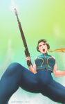  1girl assault_rifle blue_bodysuit bodysuit breasts brown_eyes brown_hair chinese_clothes chun-li double_bun english_commentary finger_on_trigger firing fortnite from_below green_sky gun hair_ribbon highres howa_type_89 large_breasts lips open_mouth quasimodox ribbon rifle short_hair shouting sleeveless solo street_fighter street_fighter_zero_(series) studded_bracelet thick_thighs thighs upper_teeth vest weapon yellow_ribbon 