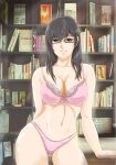  1girl biblia_koshodou_no_jikentechou black-framed_eyewear black_hair bookshelf bra breasts cleavage cowboy_shot earrings glasses highres jewelry long_hair looking_at_viewer navel panties pink_bra pink_panties remon_keiki semi-rimless_eyewear shinokawa_shioriko smile solo thighs under-rim_eyewear underwear underwear_only 