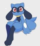  3_fingers 3_toes ambiguous_gender anthro black_body blue_body blue_fur canid canine claws feet fingers front_view fur hi_res looking_at_viewer luuriolu mammal nintendo pok&eacute;mon pok&eacute;mon_(species) red_eyes riolu simple_background sitting solo toes video_games white_background 