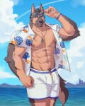  abs absurd_res anthro biceps canid canine canis clothed clothing detailed_background domestic_dog ear_piercing eyewear fur german_shepherd herding_dog hi_res male mammal muscular muscular_anthro muscular_male muscular_thighs neckwear nipples open_clothing open_shirt open_topwear outside pastoral_dog pecs piercing seaside shirt sky solo sunglasses swimwear topwear uiokv water 