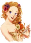  1girl anemone_(flower) bare_shoulders braid breasts brown_hair brown_nails cleavage flower hair_flower hair_ornament holding_crown long_hair open_mouth original purin_(iddunpg) purple_flower red_flower shadow simple_background smile solo upper_body white_background white_flower 