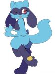  3_toes ambiguous_gender anthro arm_tuft blep blue_body blue_fur canid canine cheek_tuft claws elbow_tufts facial_tuft feet fur hi_res luuriolu mammal nintendo on_one_leg one_eye_closed pawpads pok&eacute;mon pok&eacute;mon_(species) red_eyes riolu simple_background solo standing toes tongue tongue_out tuft video_games white_background 