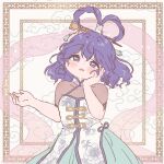  1girl adapted_costume bangs blue_dress blue_eyes blue_hair border chisel cloud cowboy_shot dress eyebrows_visible_through_hair floral_print hagoromo hair_ornament hair_rings hair_stick hand_on_own_cheek hand_on_own_face head_tilt kaku_seiga looking_at_viewer multicolored multicolored_clothes multicolored_dress one-hour_drawing_challenge open_mouth sakurasaka see-through_sleeves shawl short_hair short_sleeves smile solo standing touhou white_background white_dress 