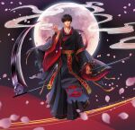  1boy black_hair blurry cigarette depth_of_field embellished_costume full_body full_moon highres japanese_clothes looking_at_viewer moon petals rubydian sakurazuka_seishirou scythe short_hair simple_background smoke solo torn_clothes twitter_username wide_sleeves x_(manga) 