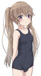  1girl ao_no_kanata_no_four_rhythm arisaka_mashiro bangs bare_arms bare_shoulders black_swimsuit blush breasts brown_hair closed_mouth collarbone commentary_request covered_navel eyebrows_visible_through_hair hair_between_eyes highres hippo_(hirople) long_hair looking_at_viewer old_school_swimsuit purple_eyes school_swimsuit simple_background small_breasts solo standing swimsuit twintails very_long_hair white_background 