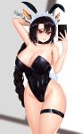  1girl 82jhin absurdres animal_ears arm_behind_head black_leotard black_wyrm_s9 braid breasts bunny_ears bunny_tail cleavage covered_navel fake_animal_ears highres huge_breasts last_origin leotard long_hair looking_at_viewer maid_headdress playboy_bunny purple_hair red_eyes selfie single_braid solo strapless strapless_leotard tail thigh_strap very_long_hair 