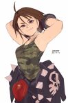  1girl absurdres ahoge armpits arms_behind_head arms_up biker_clothes breasts brekkist brown_eyes brown_hair camouflage_tank_top clothes_around_waist english_commentary highres justice_gakuen kazama_akira small_breasts smile solo street_fighter street_fighter_v sweat white_background 