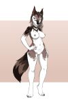  anthro breasts brown_body brown_fur canid canine female fur green_eyes hair hand_on_hip hi_res jade_(disambiguation) mammal markings nipples noxu simple_background solo wavy_hair white_body white_fur 
