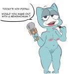  2017 agnes_(avengedog) anthro belly breasts dialogue domestic_cat english_text felid feline felis female full-length_portrait genitals hi_res holding_microphone holding_object inverted_nipples lipstick looking_at_viewer makeup mammal mature_female microphone nipples noseless nude portrait pussy samoyena solo speech_bubble standing talking_to_viewer text wide_hips 