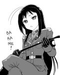  1girl accel_world antenna_hair gloves greyscale kuroyukihime long_hair looking_at_viewer military military_uniform monochrome open_mouth simple_background solo ueyama_michirou uniform white_background 