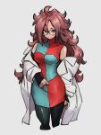  1girl android_21 black_legwear blue_eyes breasts checkered checkered_dress closed_mouth dragon_ball dragon_ball_fighterz dress earrings glasses grey_background hair_between_eyes hoop_earrings jewelry kemachiku labcoat long_hair looking_at_viewer medium_breasts pantyhose red_hair simple_background solo 