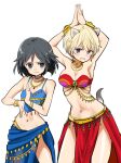  2girls animal_ears arabian_clothes armpits arms_up bangs belly_dancing black_eyes black_hair blonde_hair blue_choker blue_eyes blue_shirt blue_skirt body_chain bra bracelet brave_witches breasts brooch camisole choker cleavage commentary_request dancer dancing earrings hands_together harem_outfit highres jewelry kanno_naoe long_skirt looking_at_viewer medium_breasts multiple_girls murayama_kei navel necklace nikka_edvardine_katajainen open_mouth red_bra red_skirt shirt short_hair side_slit simple_background skirt smile standing tail underwear white_background world_witches_series 