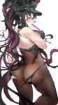 1girl absurdres armband ass ass_support baton black_gloves black_hair black_legwear black_panties blush bodystocking breasts fate/grand_order fate_(series) fingerless_gloves gloves hat highres large_breasts licking licking_lips lips liuli_yuanxiaoniao long_hair looking_back multicolored_hair necktie panties pantyhose pink_hair police police_hat police_uniform policewoman sesshouin_kiara sesshouin_kiara_(swimsuit_mooncancer)_(fate) sideboob thighs thong tongue tongue_out torn_clothes torn_legwear traffic_baton underwear uniform white_background yellow_eyes 