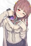  1girl android blush braid breasts brown_hair cleavage damaged electricity grin heart heart-shaped_pupils highres itou_(onsoku_tassha) masochism medium_breasts medium_hair one_eye_closed original smile solo symbol-shaped_pupils taser tearing_up uncommon_stimulation 