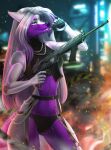  2021 amur anthro breasts canid canine clothed clothing digital_media_(artwork) eyebrows eyelashes female fox gun hair hi_res holding_gun holding_object holding_weapon mammal ranged_weapon smile solo stanidng weapon white_hair 