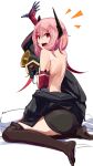  arm_up back banana_(girls_frontline) bare_shoulders breasts fang girls_frontline highres kneeling m4_sopmod_ii_(girls_frontline) mechanical_arms open_mouth partially_undressed pink_hair red_eyes sanderson sideboob small_breasts smile 