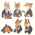  1:1 anthro canid canine classy clothing cravat cutlery eating eyes_closed food fork fox fur head_on_arm hi_res kitchen_utensils knife licking licking_lips male mammal orange_body orange_fur pancake paws plate red_fox resting rt0no solo suit suit_jacket tongue tongue_out tools topwear touching_face vest 