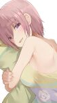  1girl bangs bare_shoulders blush breasts dress eyebrows_visible_through_hair floral_print flower from_side go-toubun_no_hanayome highres hiroki_(yyqw7151) looking_at_viewer medium_breasts nakano_ichika object_hug open_mouth pillow pink_hair purple_eyes rose shiny shiny_hair short_hair simple_background smile solo strapless strapless_dress white_background yellow_dress 