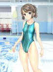  1girl absurdres aqua_swimsuit blue_eyes blurry breasts brown_hair chair clothes_writing competition_swimsuit depth_of_field feet_out_of_frame highleg highleg_swimsuit highres huge_filesize lifeguard_chair looking_at_viewer multicolored multicolored_clothes multicolored_swimsuit one-piece_swimsuit original ponytail pool poolside short_hair sidelocks small_breasts smile solo standing swimsuit takafumi 