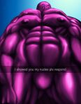 ambiguous_gender anthro big_muscles corinoch corinoch_(artist) english_text glistening glistening_body glowing glowing_eyes goo_creature hi_res huge_muscles hyper hyper_muscles monster muscular nipples nude null_bulge presenting purple_body selfie solo text 