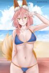  1girl absurdres alfarejected animal_ear_fluff animal_ears bikini blue_bikini breasts cleavage cloud collarbone fate/grand_order fate_(series) fox_ears fox_girl fox_tail groin highres large_breasts looking_at_viewer navel ocean outdoors pink_hair side-tie_bikini solo swimsuit swimwear tail tamamo_(fate)_(all) tamamo_no_mae_(swimsuit_lancer)_(fate) yellow_eyes 