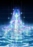  1girl amabie aqua_skin beak breasts commentary english_commentary fins head_fins italian_commentary long_hair marco_albiero mermaid monster_girl original partially_submerged purple_eyes purple_hair scales signature small_breasts solo sparkle very_long_hair youkai 