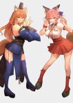  2girls absurdres animal_ear_fluff animal_ears bangs bare_shoulders blue_bow blue_kimono blue_legwear blush bow breasts cleavage cosplay costume_switch detached_sleeves dh_ead double_v fang fate/extra fate/extra_ccc fate/extra_ccc_fox_tail fate_(series) fox_ears fox_girl fox_shadow_puppet fox_tail hair_between_eyes hair_bow highres japanese_clothes kimono kneehighs large_breasts long_hair looking_at_viewer multiple_girls obi open_mouth orange_eyes orange_hair pink_hair red_legwear red_skirt sash shirt short_sleeves sidelocks skirt smile suzuka_gozen_(fate) suzuka_gozen_(fate)_(cosplay) tail tamamo_(fate)_(all) tamamo_no_mae_(fate) tamamo_no_mae_(fate)_(cosplay) thighhighs thighs twintails v white_shirt wide_sleeves yellow_eyes 