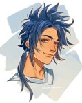  1boy artist_name bangs blue-haired_boy_(how_to_draw_manga) blue_eyes blue_hair blush closed_mouth collarbone commentary derivative_work english_commentary face forehead hair_intakes hair_tie happy highres how_to_draw_manga light_blush long_hair looking_at_viewer male_focus nose_blush ozumii ponytail shirt sidelocks signature simple_background smile solo spiked_hair tied_hair upper_body white_shirt 