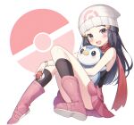  1girl :d bare_shoulders beanie black_legwear black_shirt blue_eyes blue_hair blush boots dawn_(pokemon) gen_4_pokemon hair_ornament hairclip hat highres holding holding_poke_ball holding_pokemon kneehighs knees_up long_hair looking_at_viewer nam open_mouth pink_footwear pink_skirt piplup poke_ball poke_ball_(basic) poke_ball_symbol pokemon pokemon_(creature) pokemon_(game) pokemon_dppt reclining red_scarf scarf shirt simple_background skirt sleeveless sleeveless_shirt smile starter_pokemon white_background white_headwear 