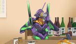  arm_rest beer_can bottle calendar_(object) can chair chopsticks drinking eva_01 food highres horns mecha neon_genesis_evangelion no_humans onsen_mikan sake_bottle sepia_background single_horn sitting sitting_on_object surreal table yellow_eyes 