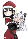  2girls blush carrying caws_(girls_frontline) chibi girls_frontline hat long_hair mion_ing multiple_girls orange_eyes pinstripe_pattern princess_carry red_eyes santa_hat short_hair striped tokarev_(girls_frontline) very_long_hair white_hair 