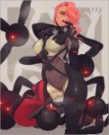  1girl asymmetrical_hair bodysuit breasts cyborg dark-skinned_female dark_skin dwarf_gekko extra_arms highres justrube mechanical_arms metal_gear_(series) metal_gear_rising:_revengeance mistral_(metal_gear_rising) open_mouth pink_hair pussy_juice robot robotic_legs thigh_grab tongue tongue_out 