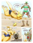  2019 5_fingers anthro anthro_on_anthro antlers belly belt big_breasts blonde_hair blue_eyes border bottomwear breasts brown_nose canid canine canis capreoline cervid claws cleavage clothed clothing comic dialogue domestic_dog duo ellie_leblanc english_text feet female fingers frank_westerveldt fur green_eyes group hair hat headgear headwear hi_res horn kangaroo lizard long_ears long_hair macropod male mammal marsupial reindeer reptile ritts sabine_(ritts) scalie slightly_chubby smile speech_bubble sport standing swimwear text thick_thighs tied_hair tight_clothing toes visor volleyball white_border yellow_body yellow_fur 